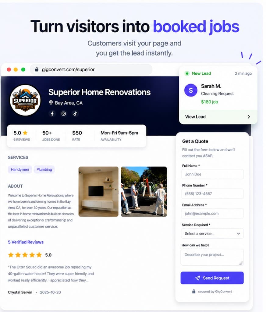 Public profile page with built-in quote form for new leads