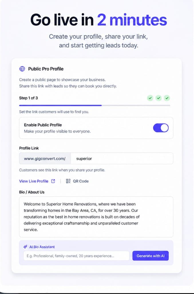 Public profile setup with AI logo and bio generator